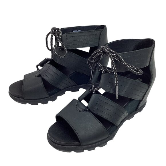 Sorel Joanie Gladiator Wedge Womens 8 Leather Sandals Black Lace-Up NWOT - Picture 2 of 12